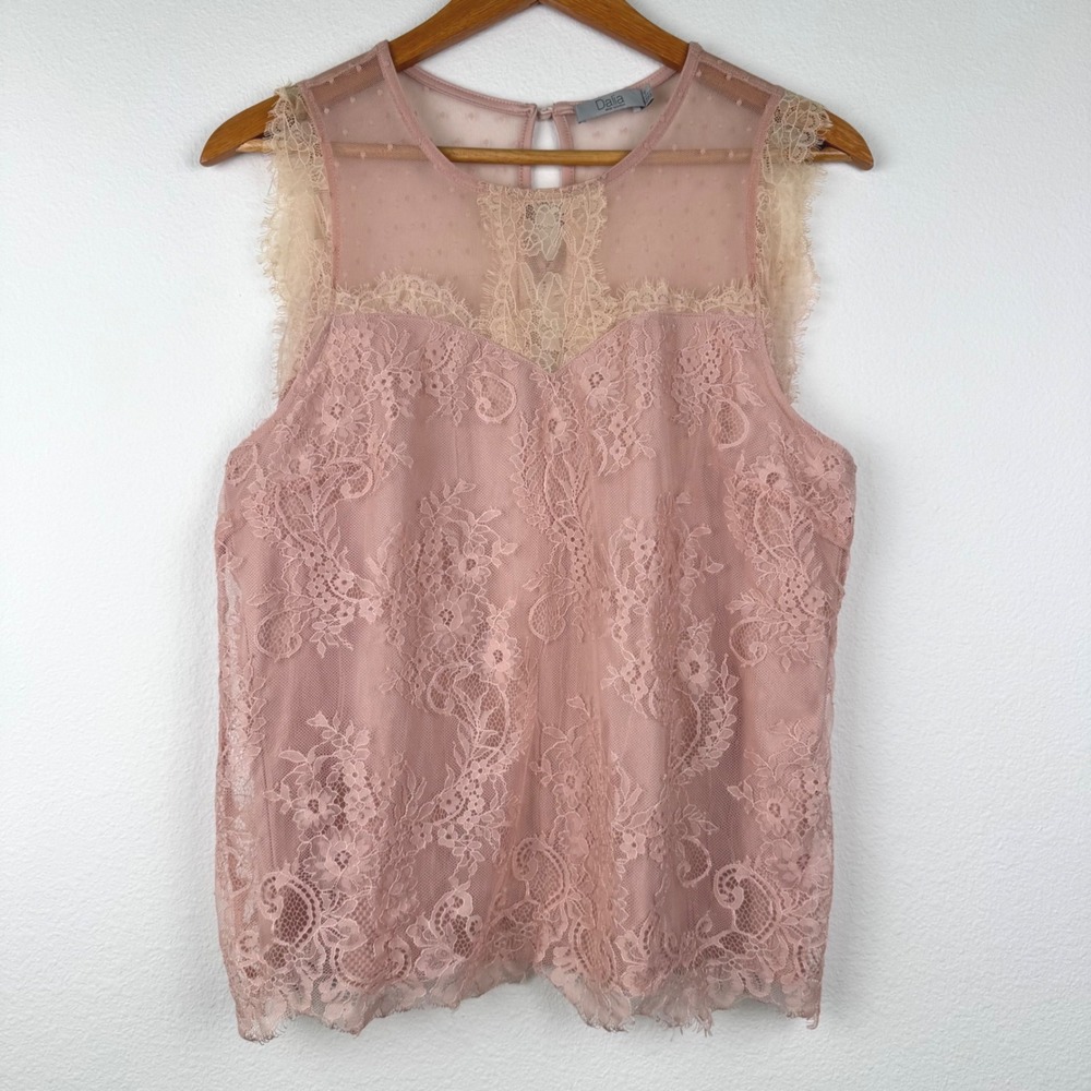 Dalia Lace Top Women Large Pink Excellent Chic Romantic Sleeveless Mesh Yoke